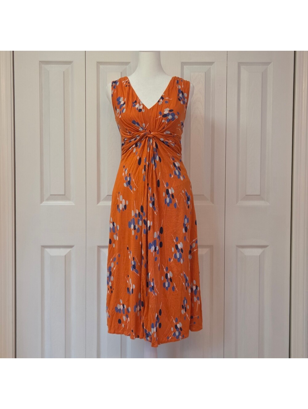 Orange Abstract Floral Print Midi Dress Beach Coverup Sz 8 Eclectic Boho A-line